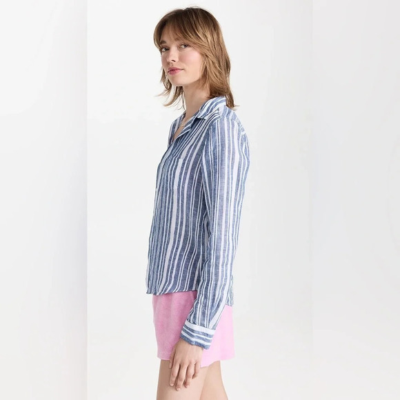 Frank & Eileen Barry 100% Linen Multi Blue Striped Button Down Blouse Shirt S - Picture 4 of 9